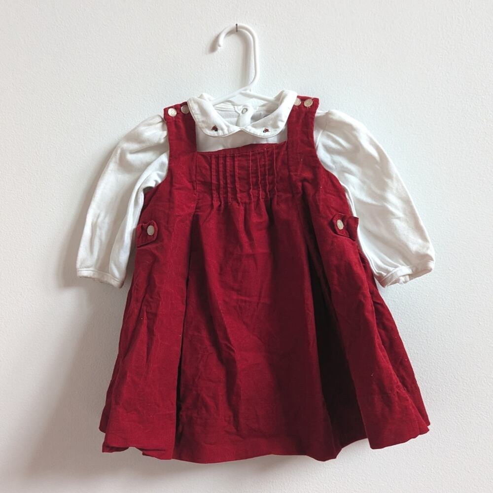 Ralph Lauren Red Corduroy Pinafore Dress with White Long-Sleeve Top